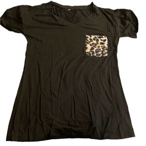Brand New in bag! Adorable black V neck T-shirt with a Leopard pocket!